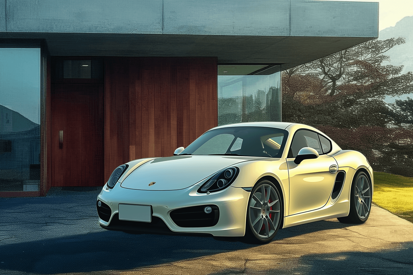 981 Cayman S, white, three-quarter front view, parked in front of a modern house