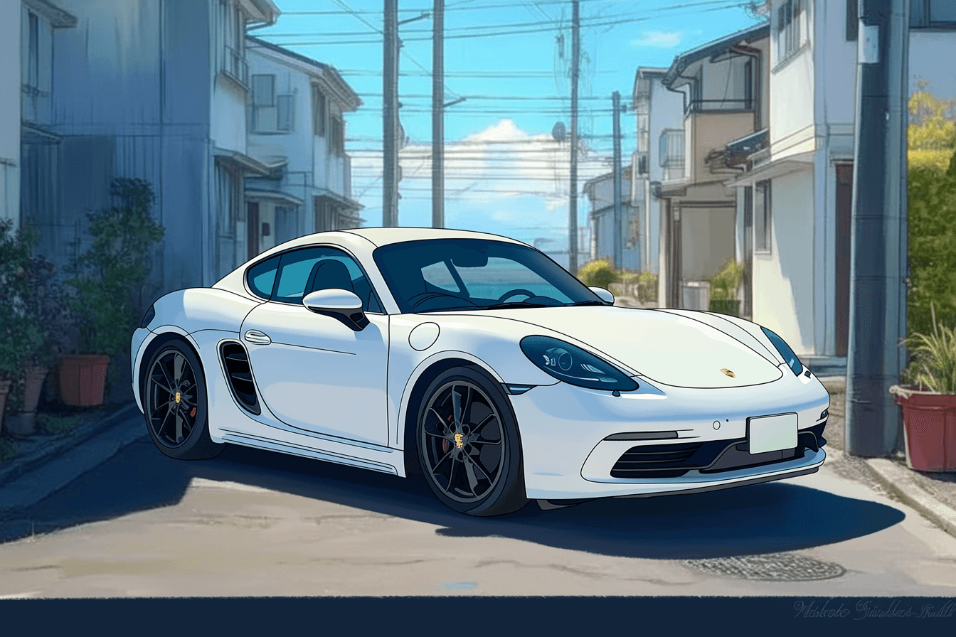 718 Cayman, white, three-quarter front view, on a residential street