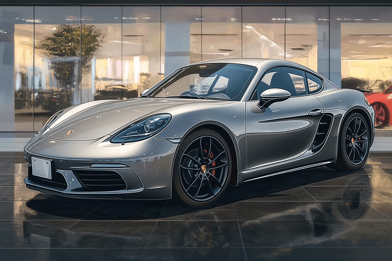 718 Cayman S, silver, three-quarter front view, in a showroom