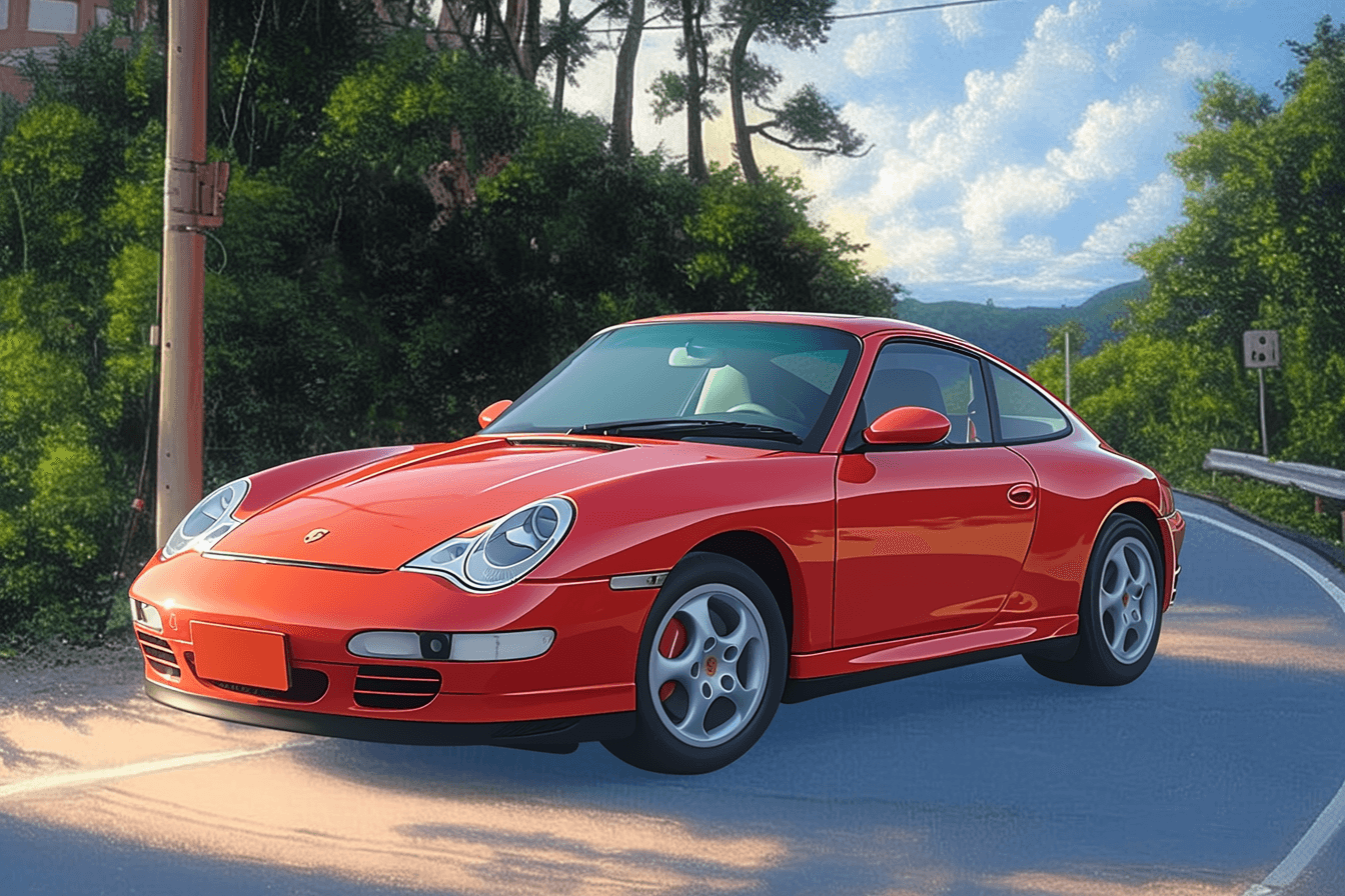 996 Carrera, red, three-quarter front view, on a mountain road