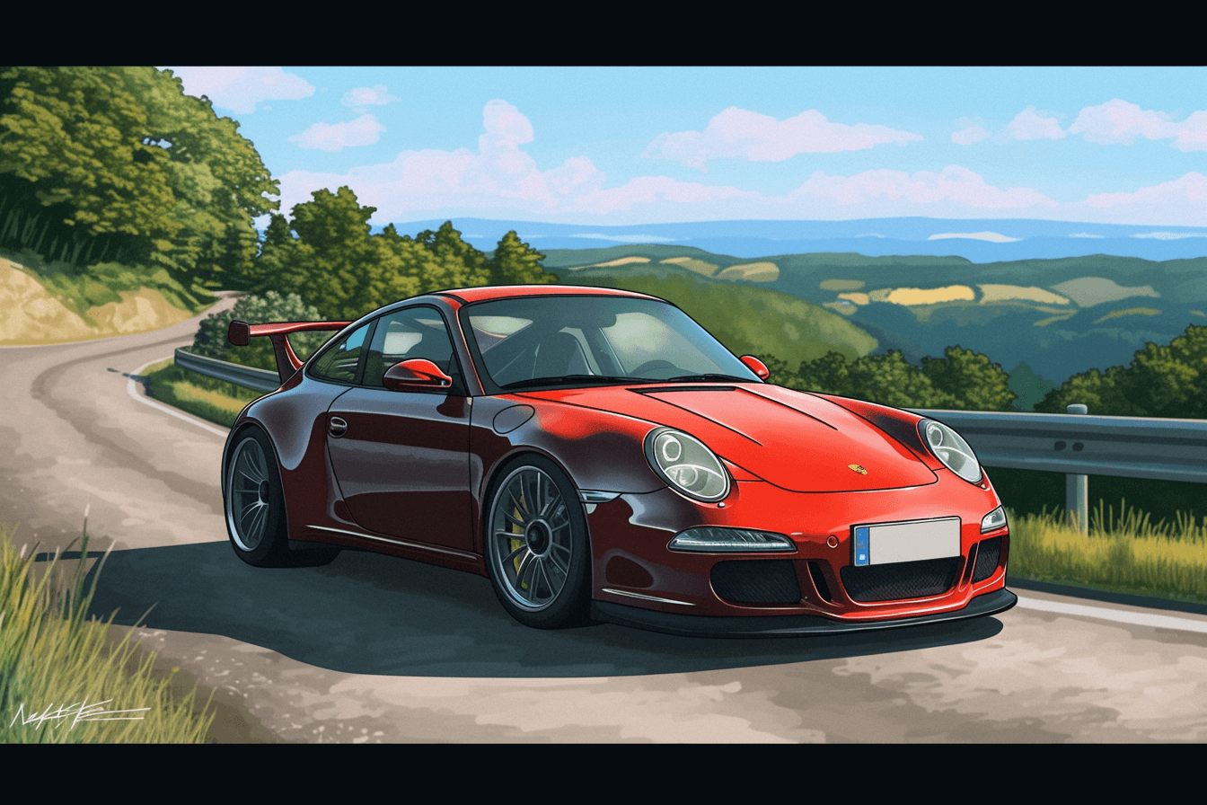 997.2 GT3, red, three-quarter front view, parked on a mountain road